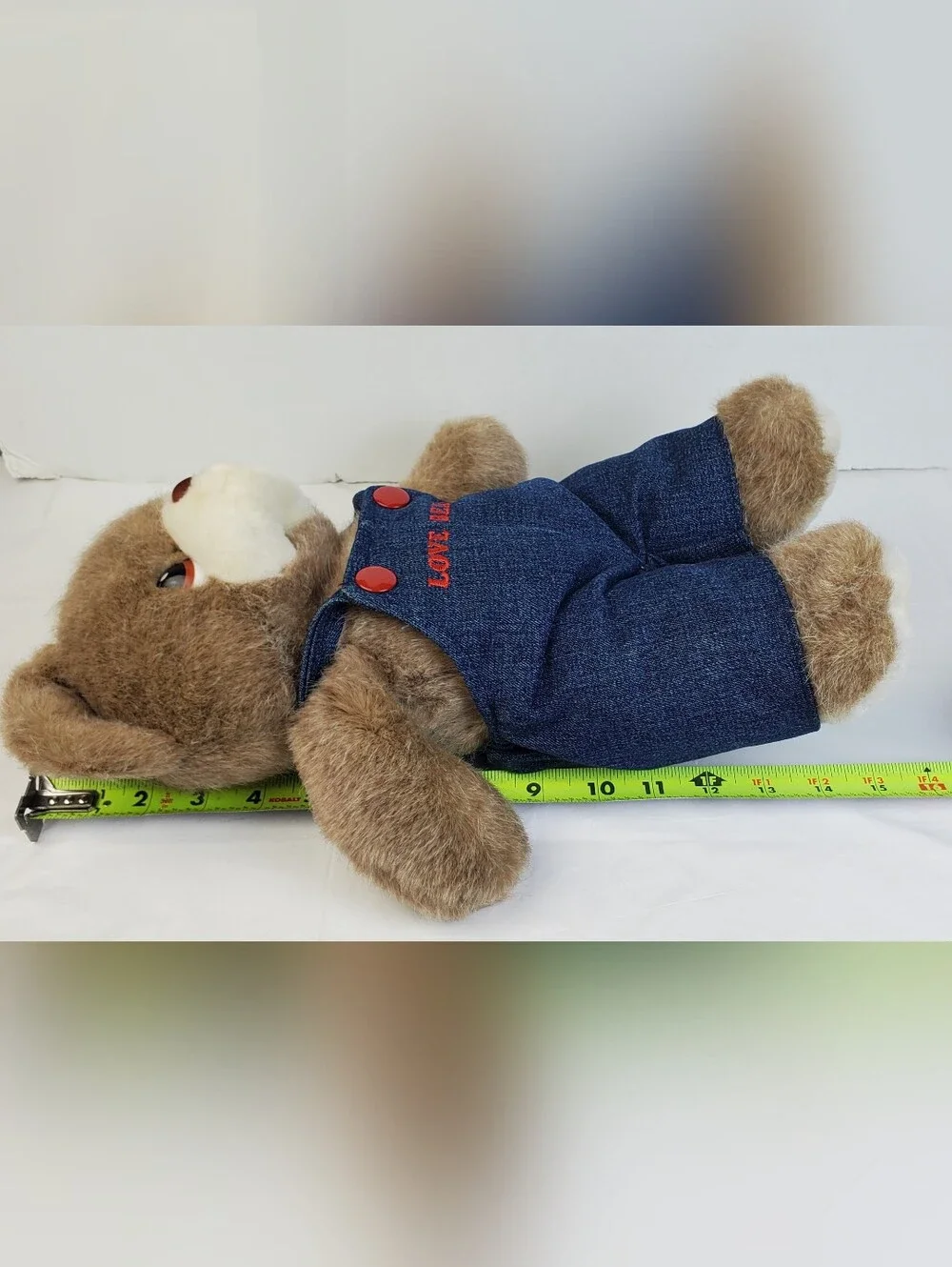 Russ Berrie VTG Love Bear Jean Denim Bib Overalls Caress Soft Plush Korea - GUC
